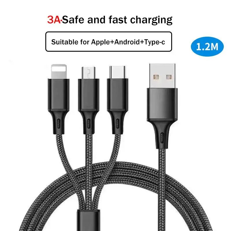 3A USB кабель 3 в 1 черный 1.2м (Apple, Android, Type-C)