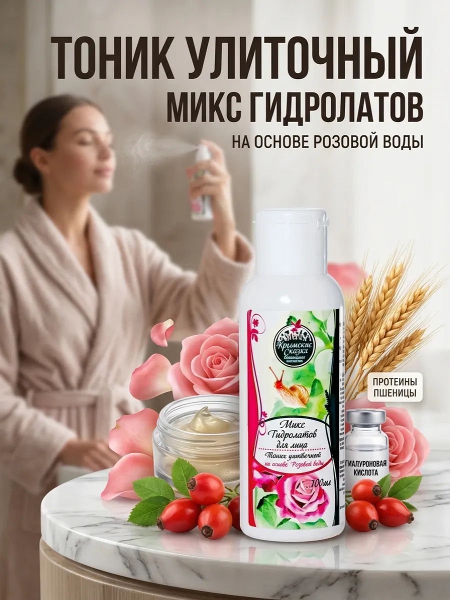 Тоник улиточный, микс гидролатов на основе розовой воды