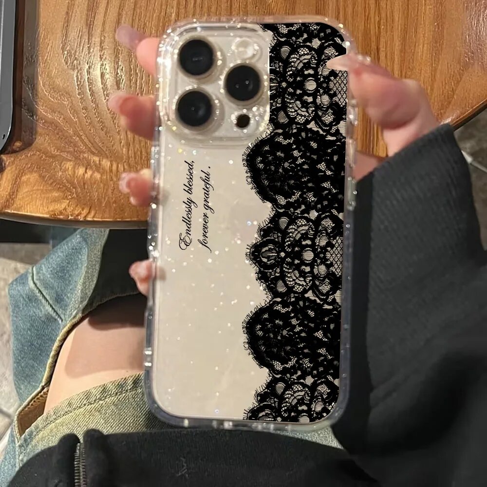Креативный Прозрачный Силиконовый Чехол С Кружевом И Блестками Для iPhone 16 Pro Max, SC24-TM-T0103