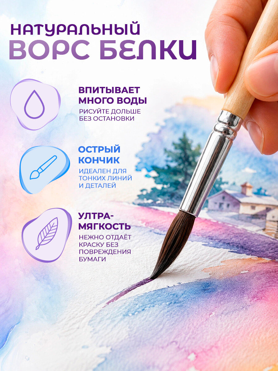 Набор кистей белка, Calligrata, круглые, 4 штук (№2,4,6,8) с деревянными ручками, в блистере — фото 1