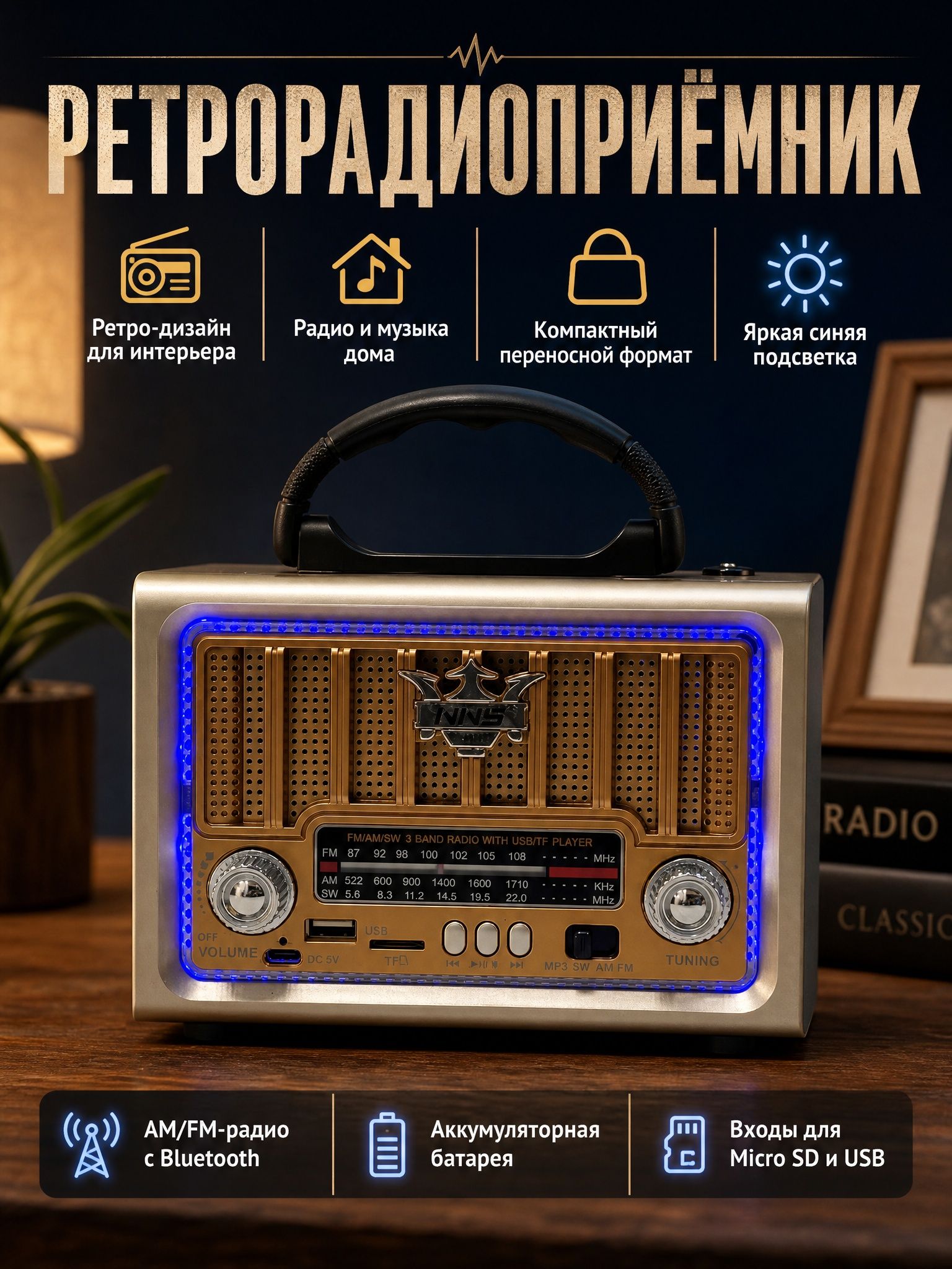 Ретро-радиоприемник: питание от сети, батареек и аккумулятора.