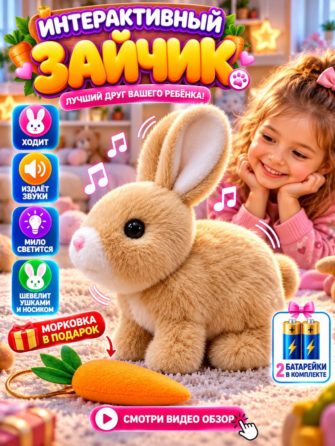 Интерактивная игрушка / Зайчик. Прыгающий зайчик, мягкая игрушка зайка. На батарейках.