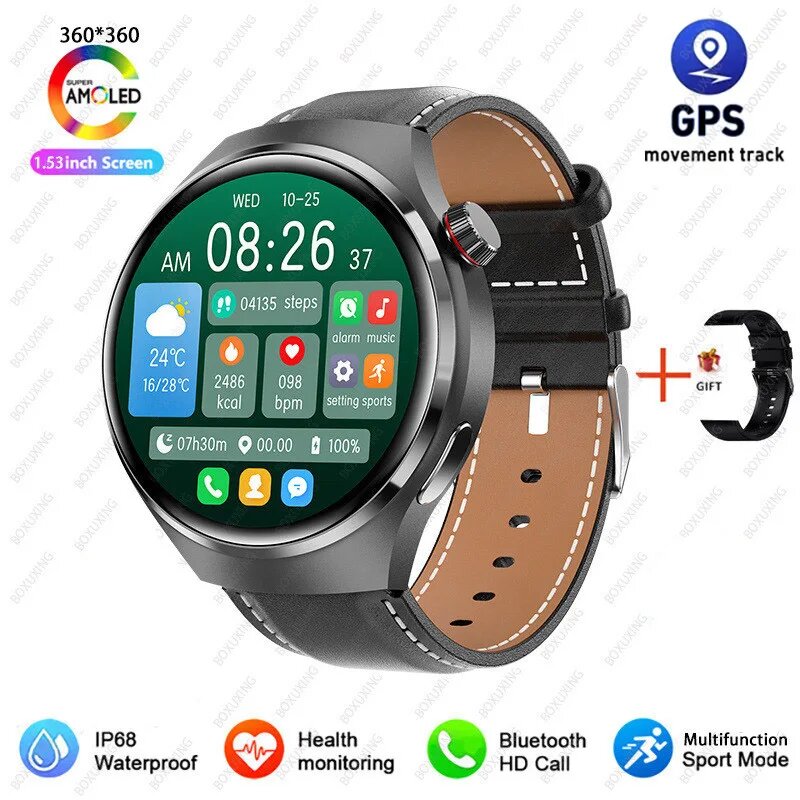 Smart Watch 2026 Watch 4 Pro GPS для мужчин Black leather