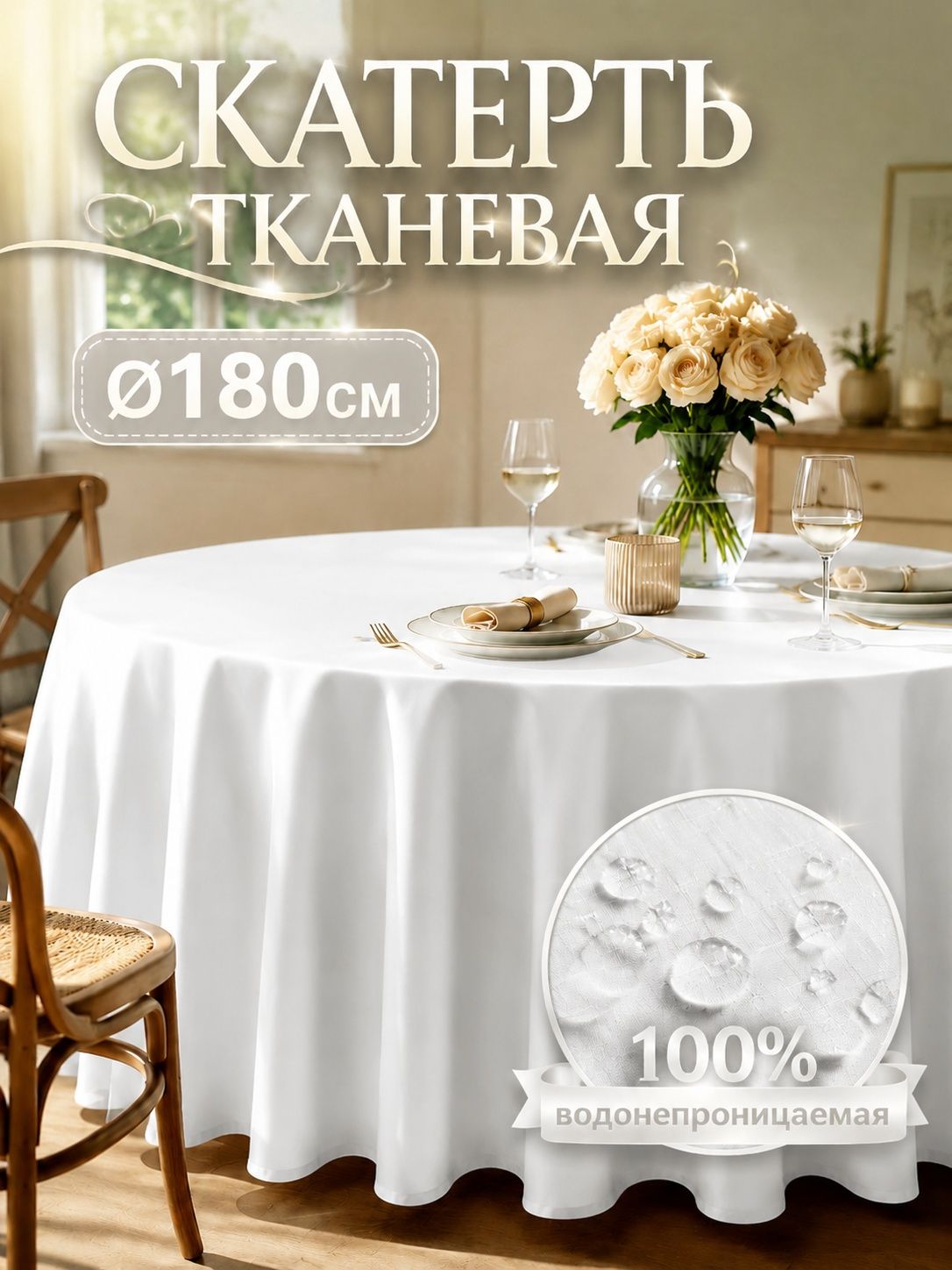 Скатерть 180x180 см полиэстер круглая пятнозащитная пропитка белый