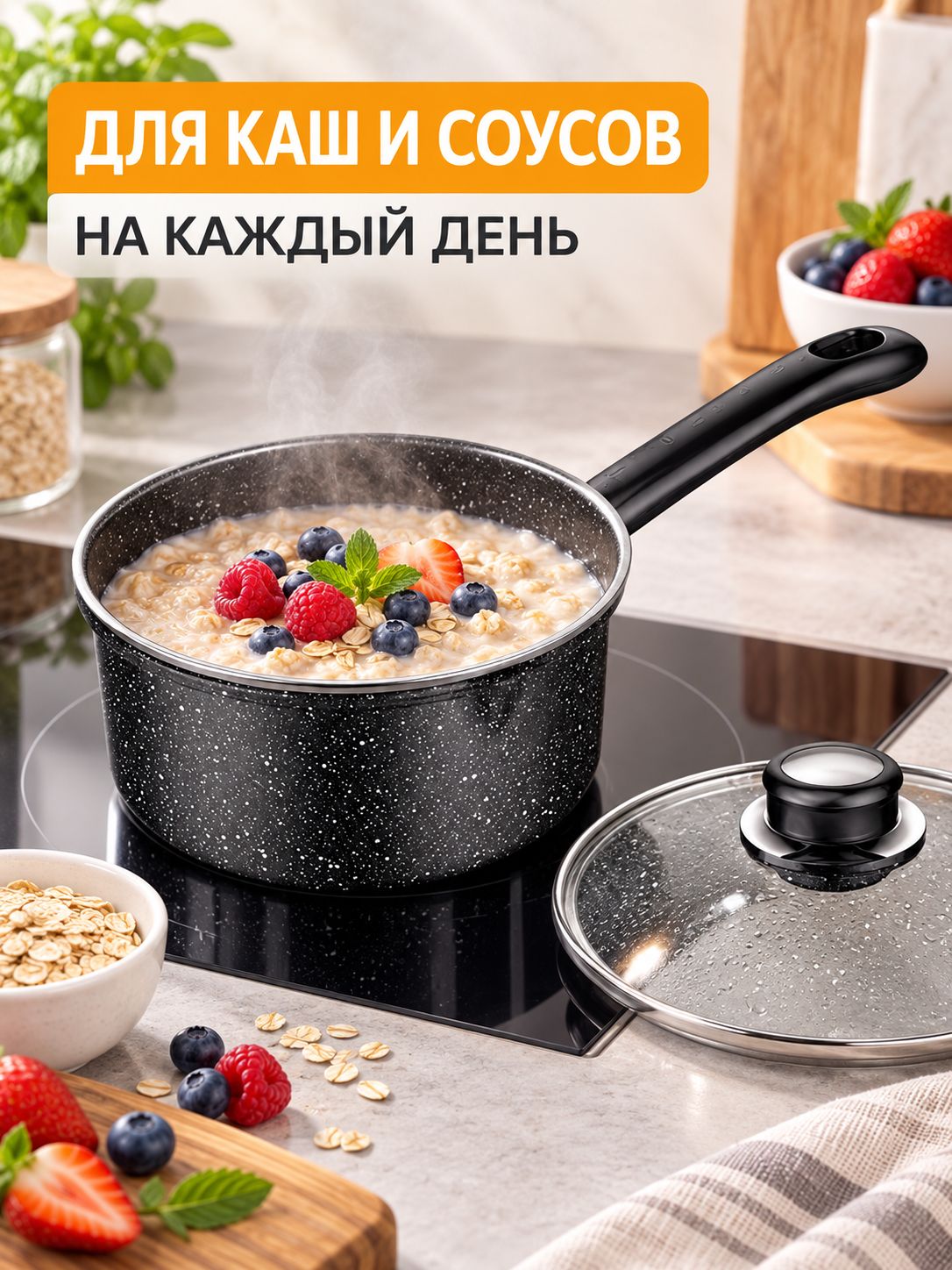 Кухонный ковш 2 л 20 см с крышкой, алюминий, pfluon покрытие