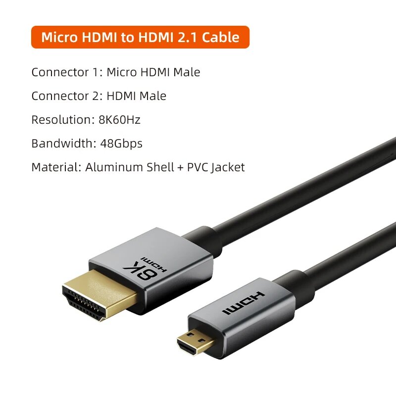 Micro HDMI - HDMI 2.1 кабель 8K 60Гц, 0.3m