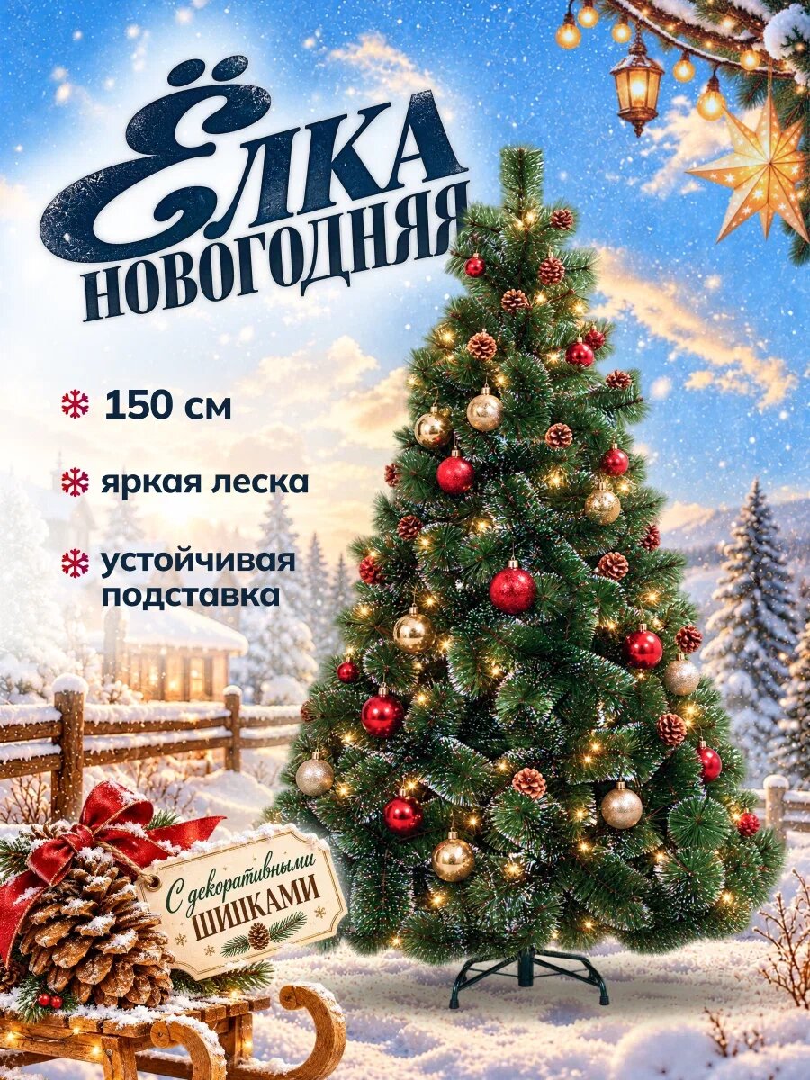 Елка искусственная "Новогодняя", 150см, зеленая, пушистая, с шишками