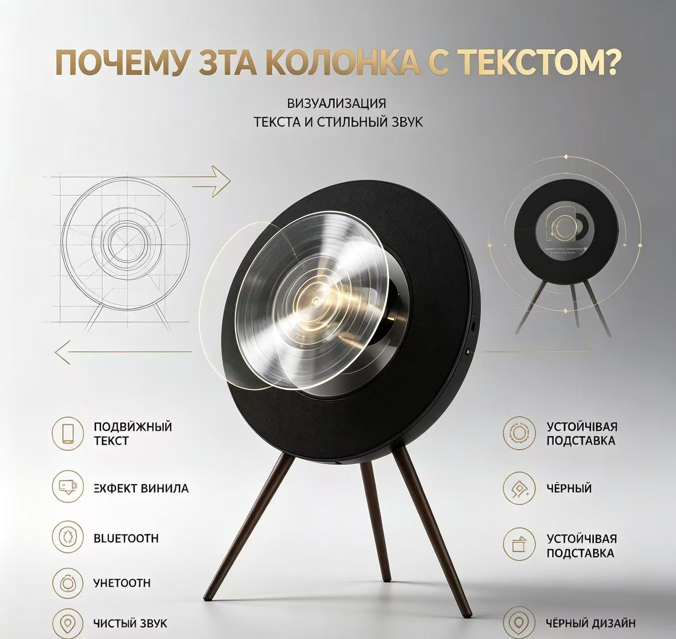 Портативный Bluetooth-динамик черный с виниловым дисплеем и деревянной подставкой, Автономная работа, Hi-Fi звук — фото 1