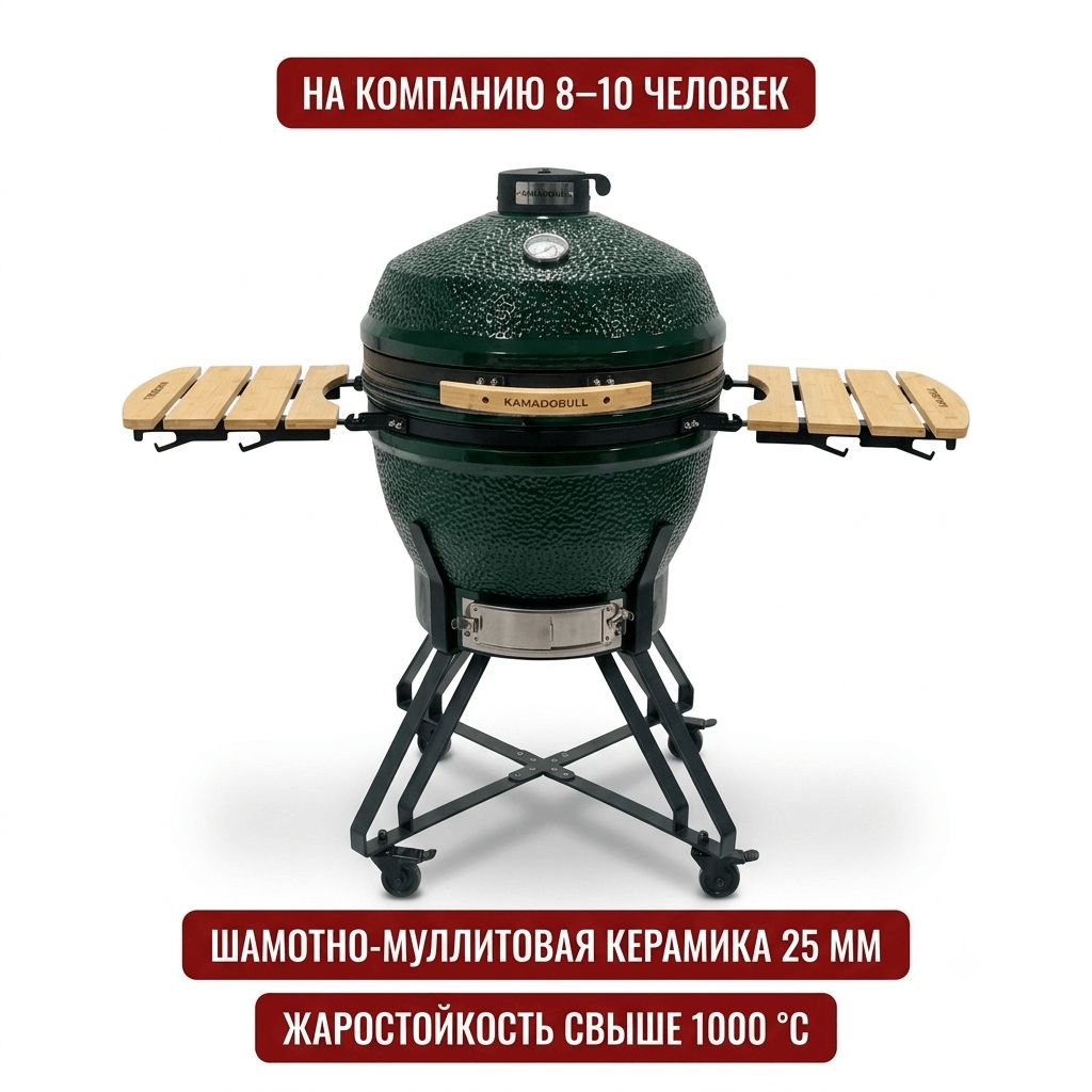 Керамический угольный гриль-барбекю KamadoBull Classic 24 (61 см) большой камадо для дачи, коптильня, зелёный