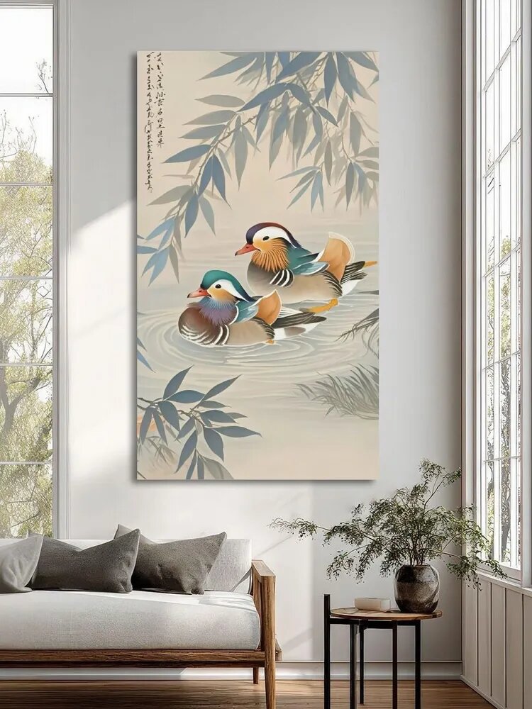 Картина "Холстная картина с парой уток-мандаринов под ветками ивы, 50 * 90cm" 50x90 см