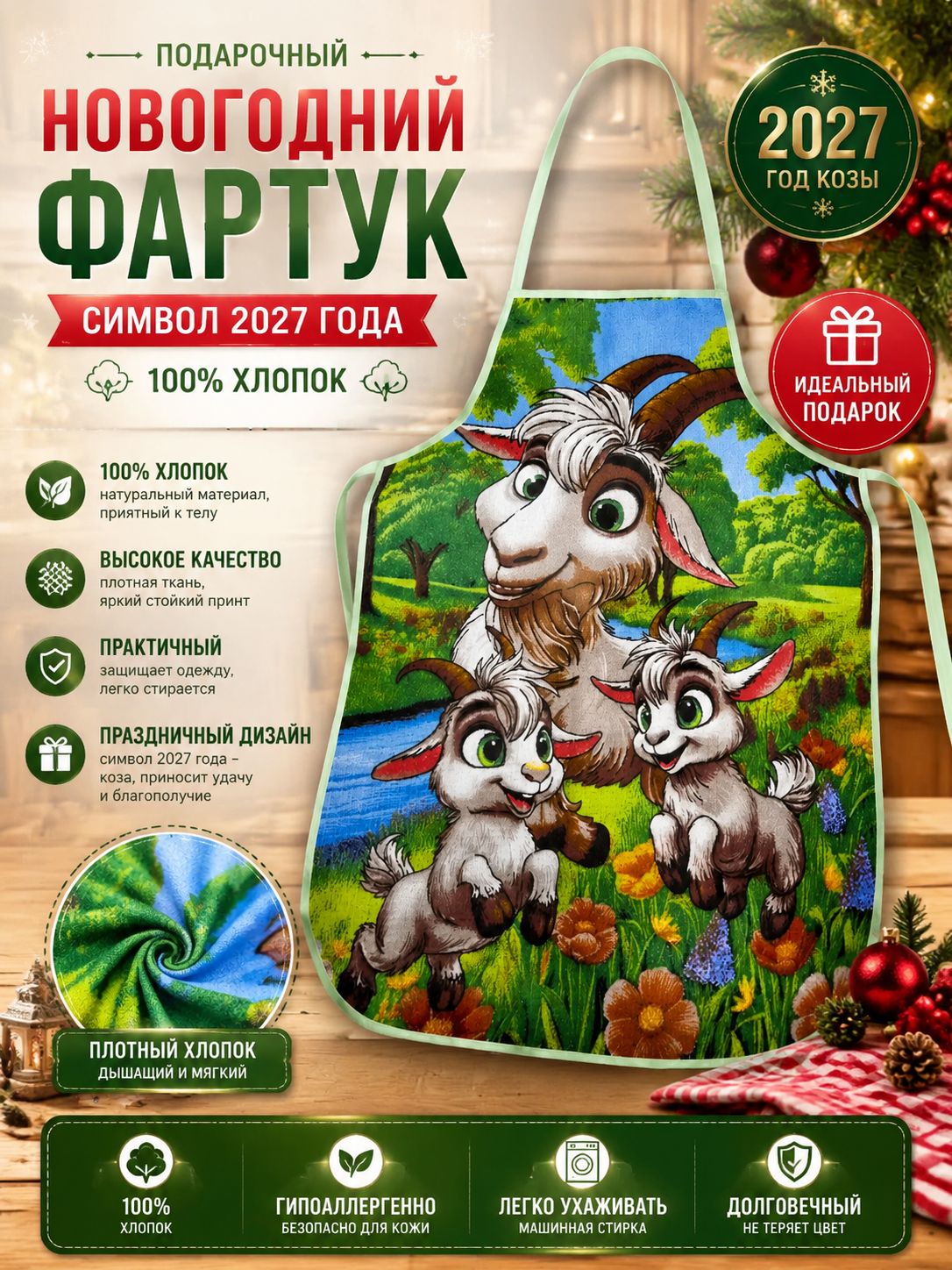 Новогодний вафельный Фартук для кухни, хлопковый, разноцветный