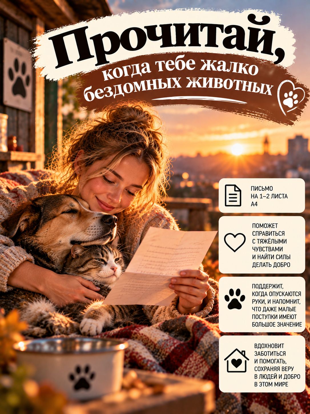 Письмо "Прочитай, если испытываешь жалость к бездомным животным" - мотивирующий текст на листе бумаги А4 для женщин и мужчин