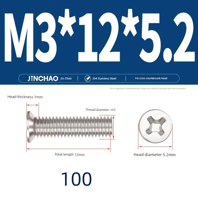 100 шт. винты из нержавеющей стали 304, плоская головка, M3x12x5.2мм