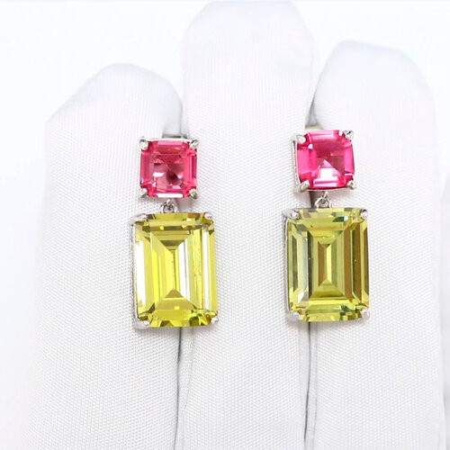 фото Серьги diamant online, серебро, 925 проба, родирование, фианит, длина 2.3 см, , зеленый, розовый