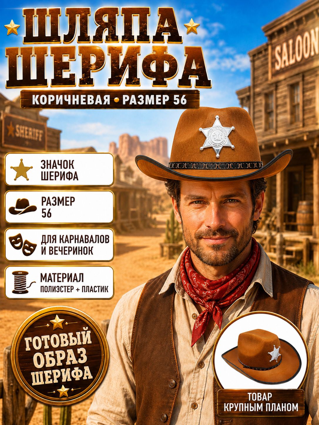 Шляпа Шериф I-Brigth, полиэстер, пластик, мужская, коричневая