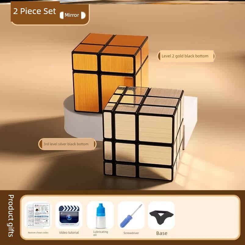 2x2 Зеркальный Куб Золотистый + 3x3 Зеркальный Куб Серебристый с Черной Основой, Набор Головоломок Нестандартной Формы