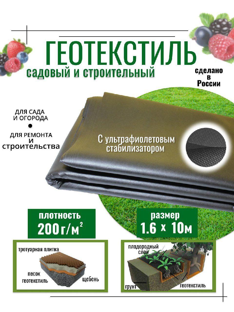 Геотекстиль черный от сорняков для сада и стройки 200 г/м2 1,6х10 м