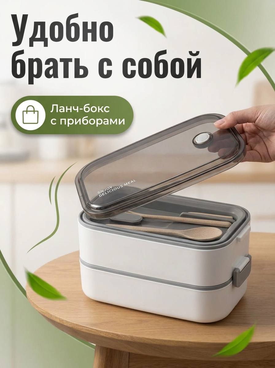 Ланч-бокс с двумя отсеками из металла серый, в подарок сумка-чехол — фото 1