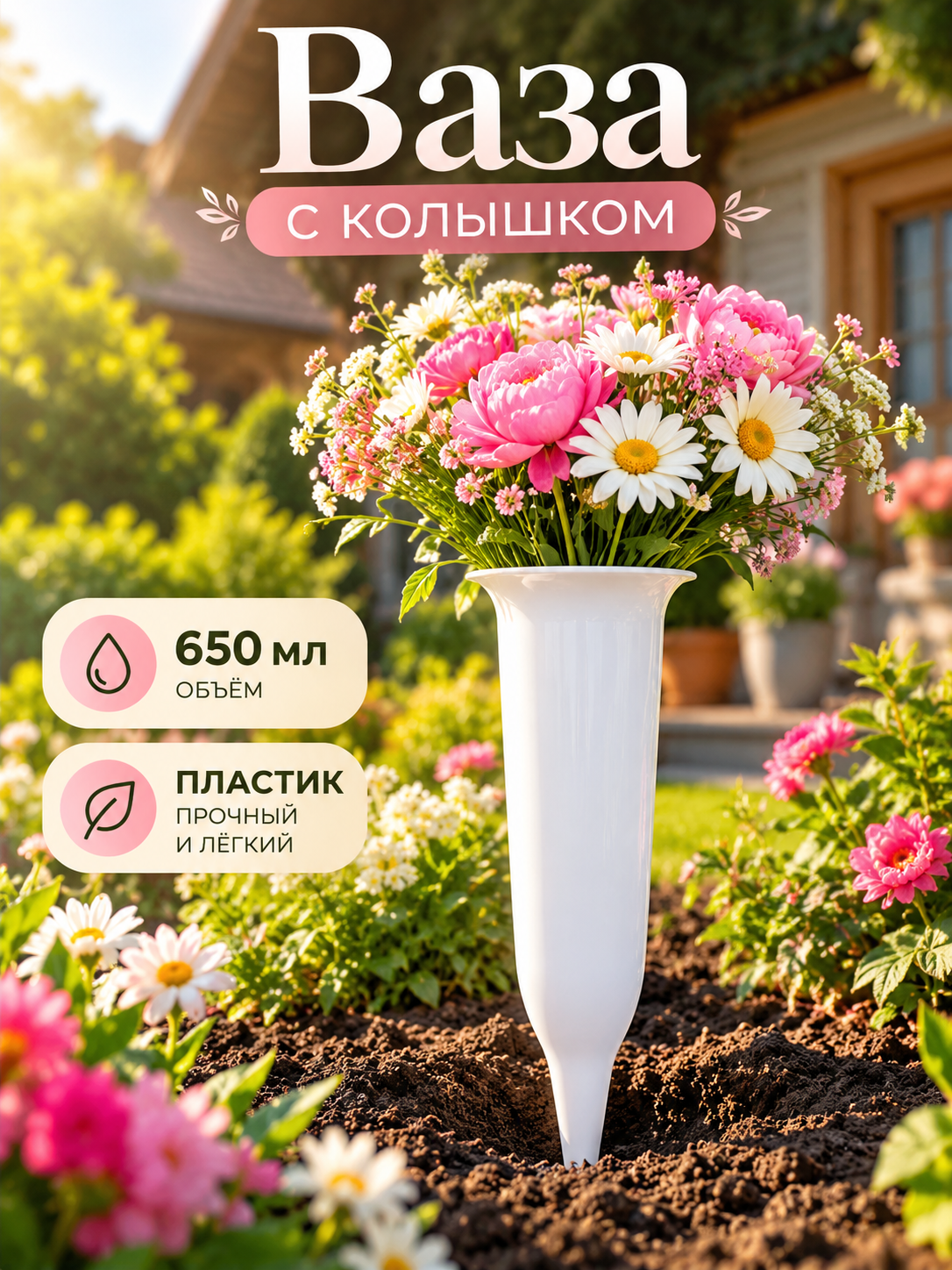 Ваза для цветов пластиковая, 650 мл, d 10 см, h 26 см, с колышком, белая