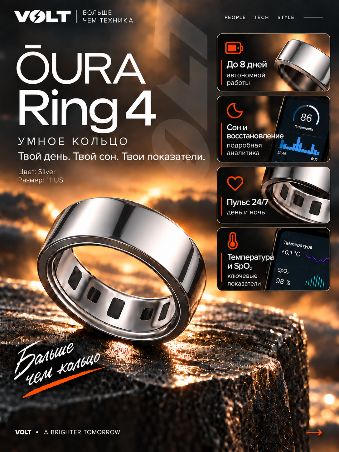 Смарт-кольцо Oura Ring 4 Silver Size US11