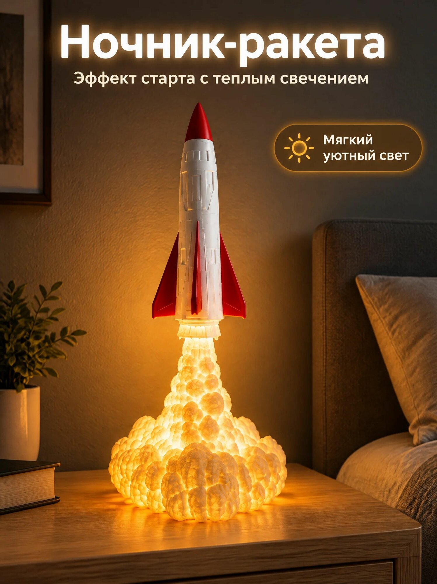 Ночник-ракета, 21 см, LED-подсветка, USB-питание, мягкий тёплый свет, декор детской комнаты