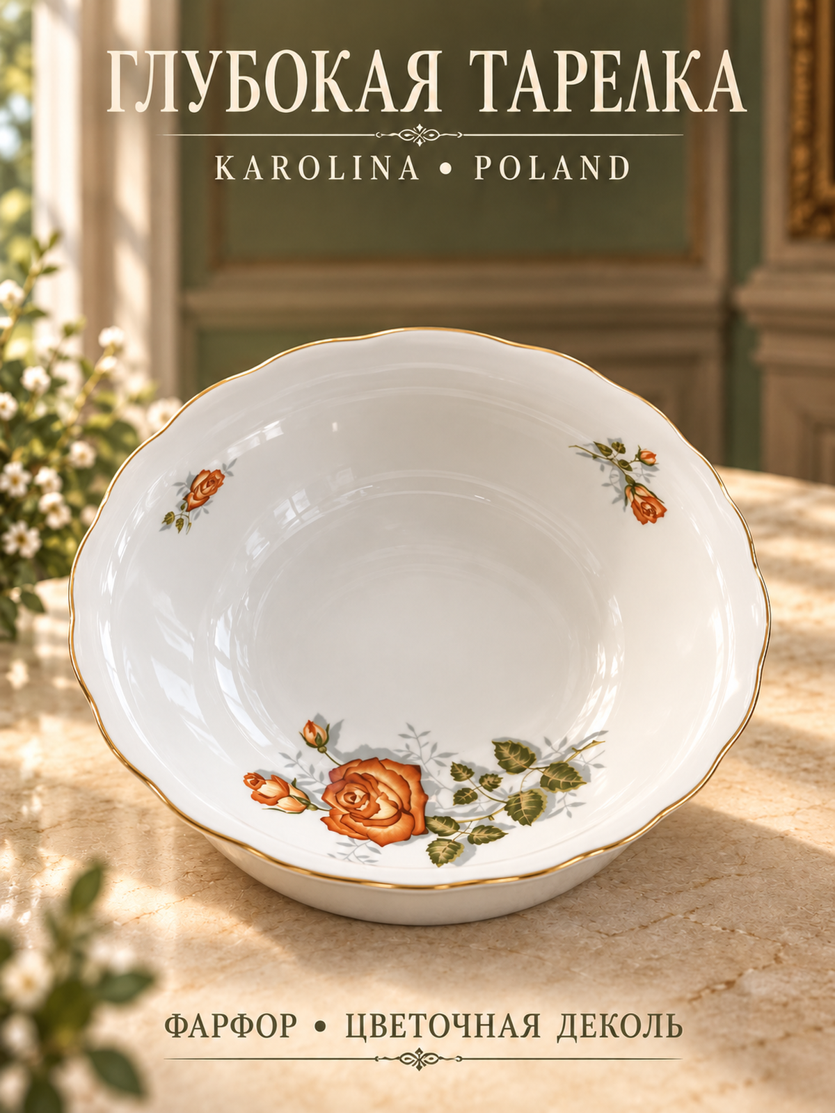 Тарелка глубокая салатник с деколью розы, золочение, винтаж Jarolina, KAROLINA Poland, Каролина Польша, 1960-1990 гг