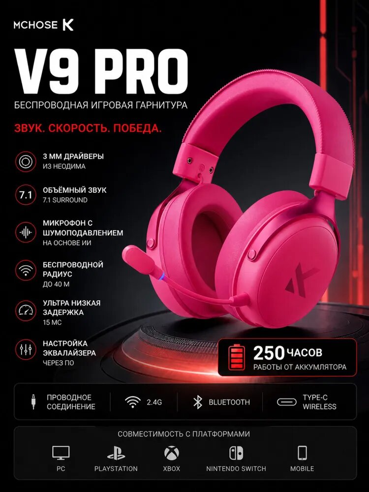Игровая гарнитура MCHOSE V9 Pro, беспроводная 7.1 объемный звук, 53 мм динамик, 250 ч работы