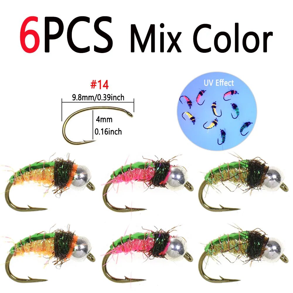 Bimoo Приманки для нахлыстовой рыбалки 6 шт. #14 латунные 6pcs Mix Color