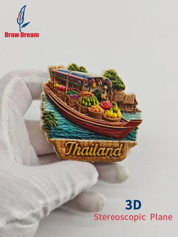 Объемный 3D магнит на холодильник сувенир из Таиланда плавучий рынок с лодкой и тропическими фруктами