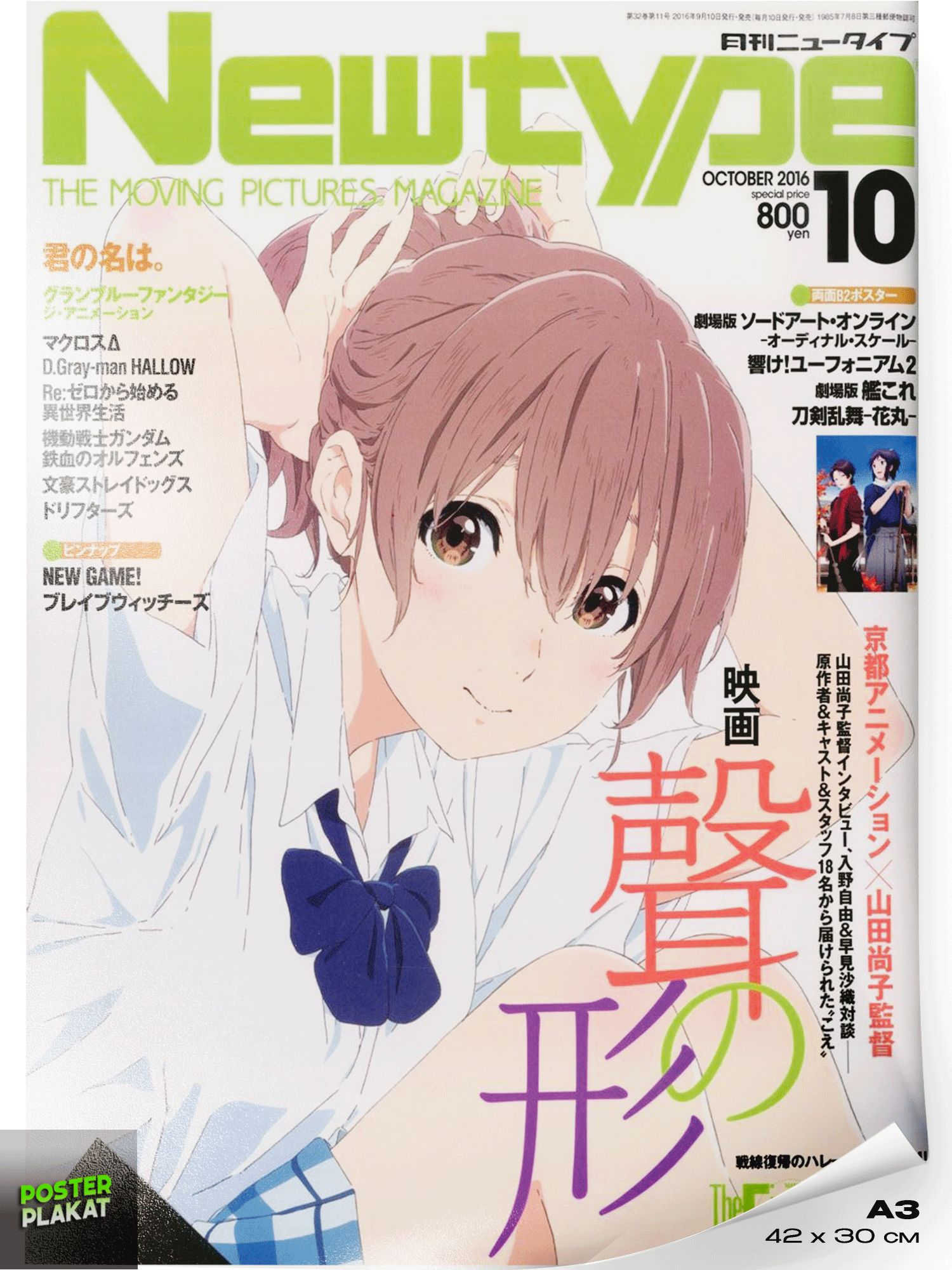 Постер аниме Форма голоса (A Silent Voice), Сёко Нисимия, обложка Newtype №10, 2016, постер на стену для интерьера, плакат в комнату для дома и офиса, А3 (420х297 мм), ПП