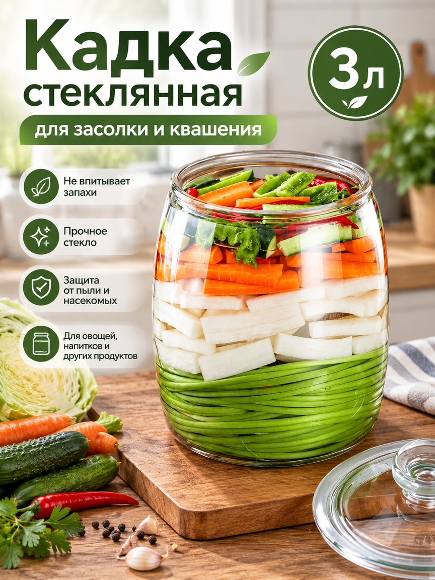 Кадка стеклянная для засолки и квашения 3 литра, прозрачная банка с крышкой для дома