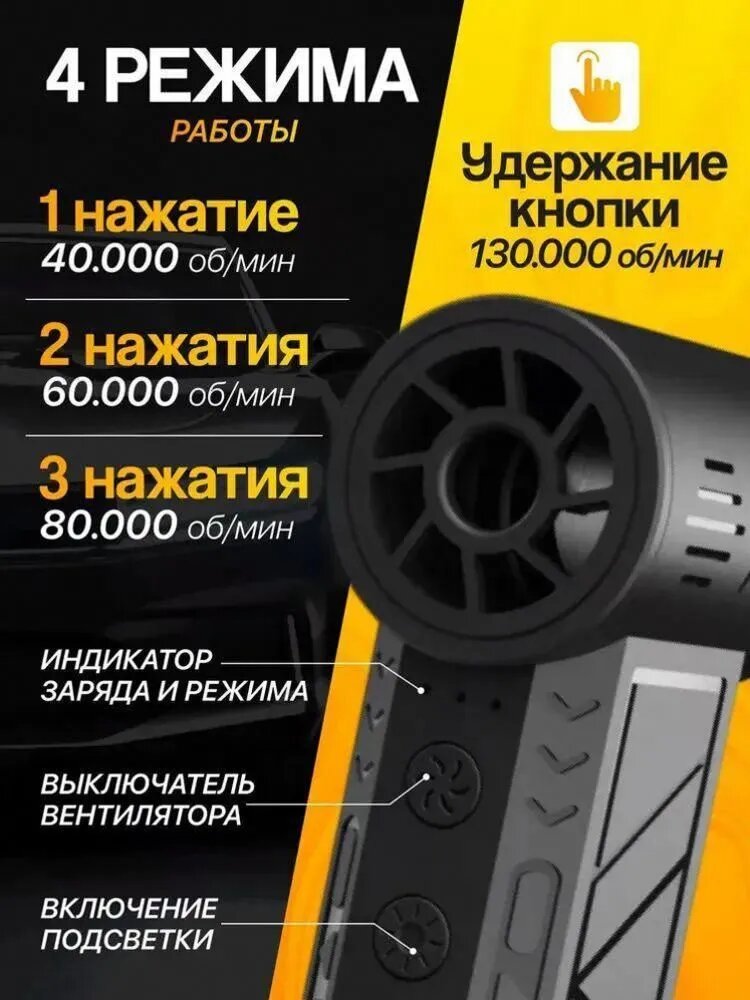 Беспроводная воздуходувка-фонарик, 4 скорости, 130000 об/мин, черный, с чехлом — фото 1