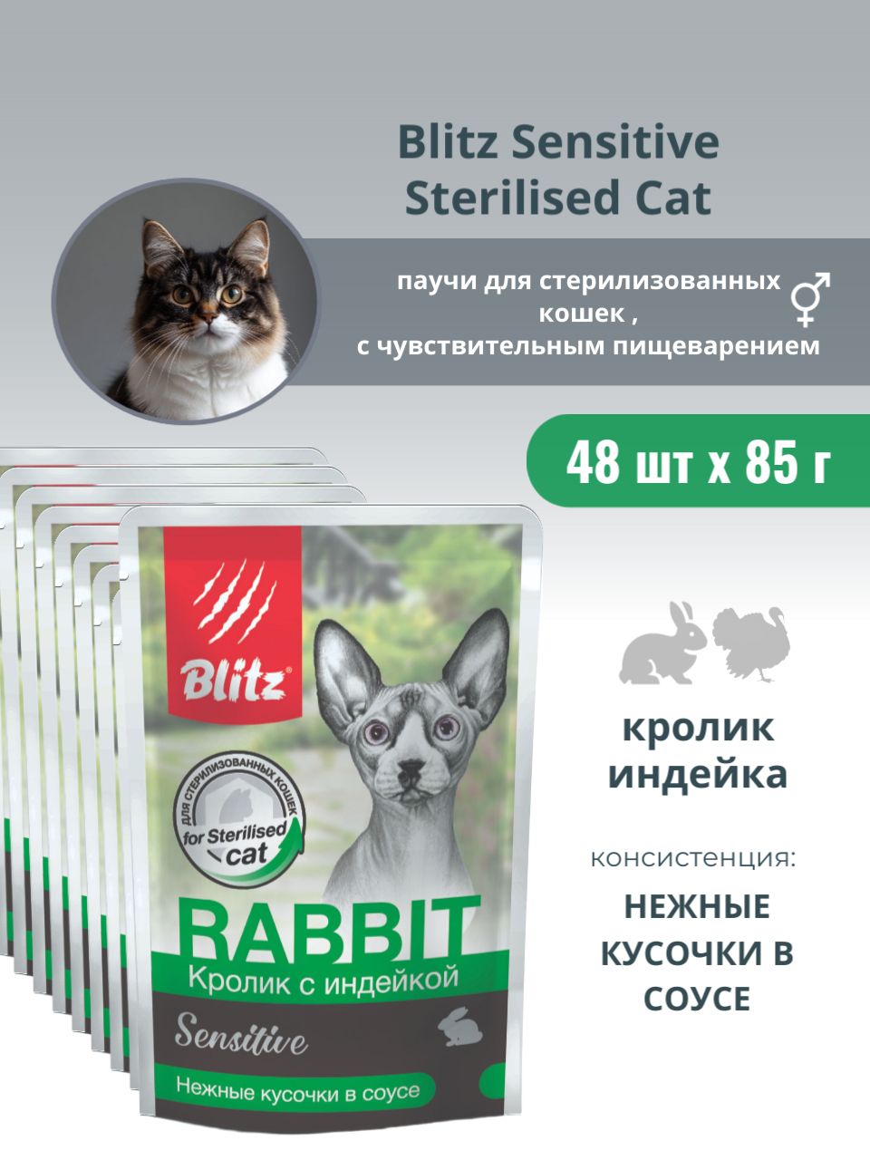 BLITZ консервированный влажный корм Sensitive Sterilised Cat для стерилизованных кошек (кролик с индейкой) полнорационный, (48 шт по 85 г)