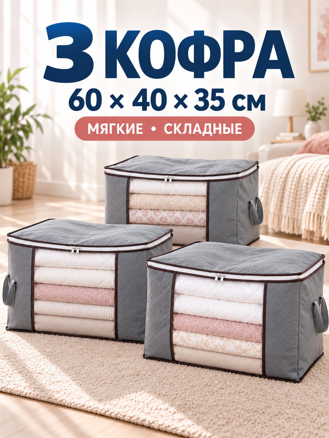 Большие кофры для хранения 60х40х35 см, набор 3 шт, органайзеры для одежды и постельного белья