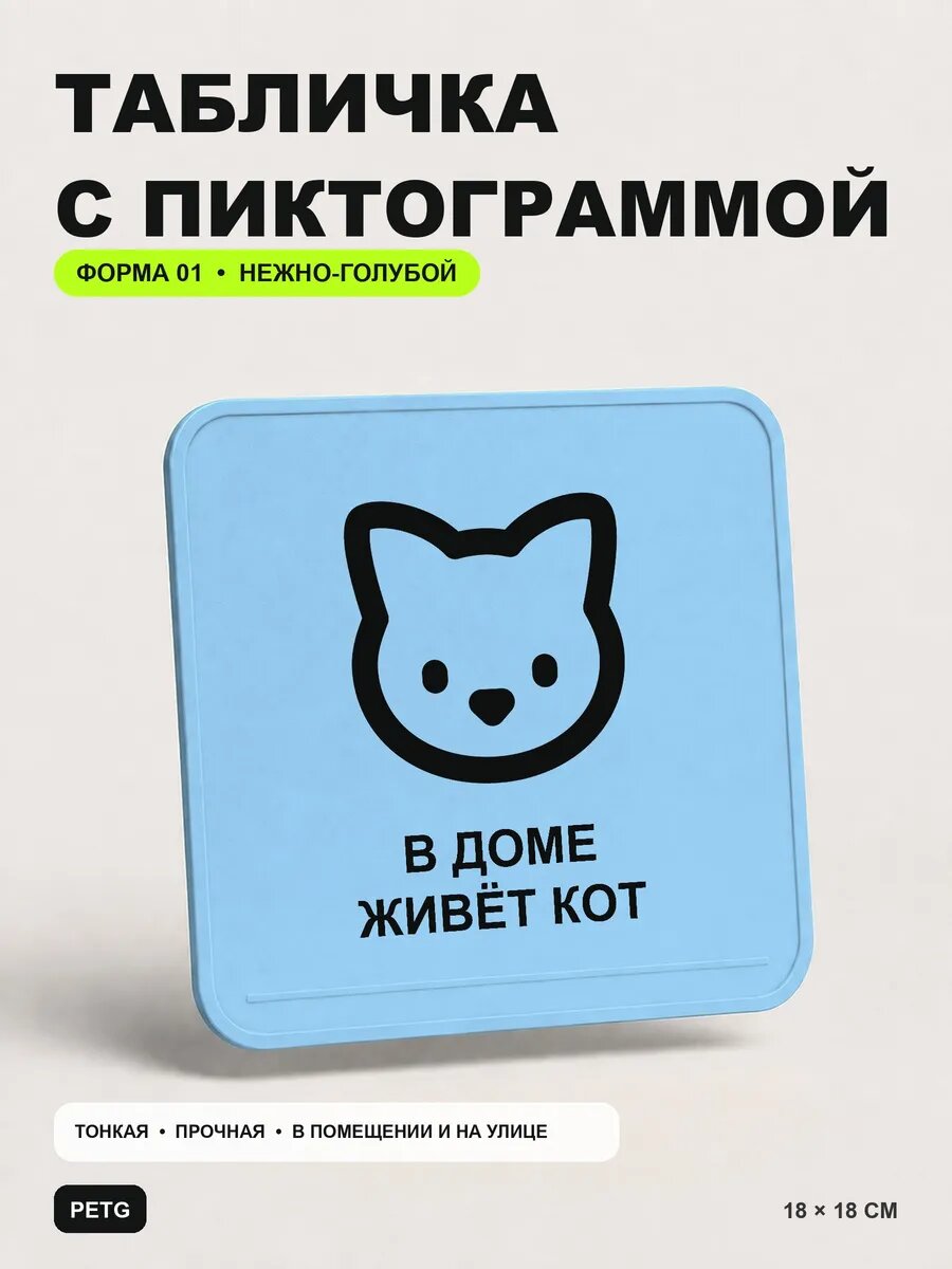 Табличка на калитку «В доме живёт кот» 18×18 см, светло-голубой