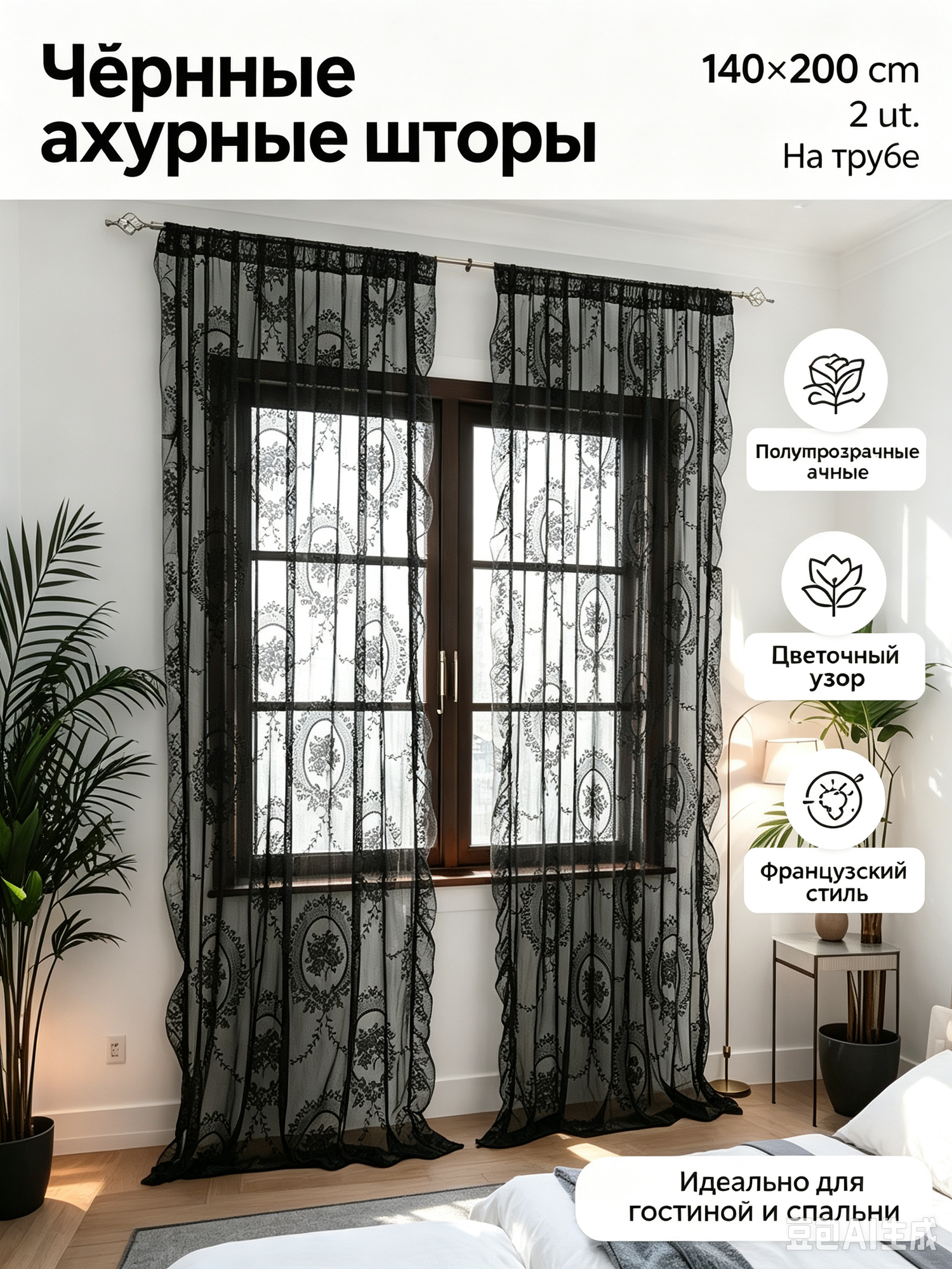 Классические шторы чёрные с кружевным узором, комплект 2 шт, 140×200 см