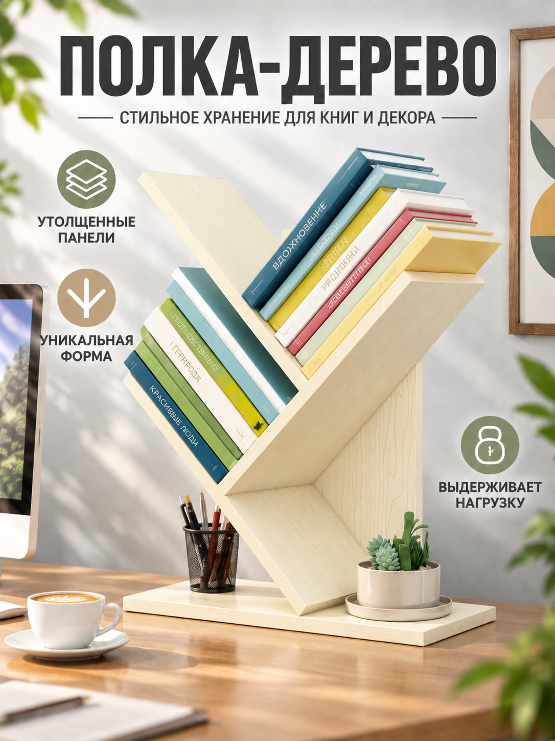 Полка-дерево настольная для книг, оригинальная подставка для хранения книг и декора на рабочий стол