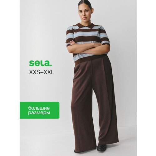 фото Брюки sela широкие из костюмной ткани, размер 46, темно-коричневый