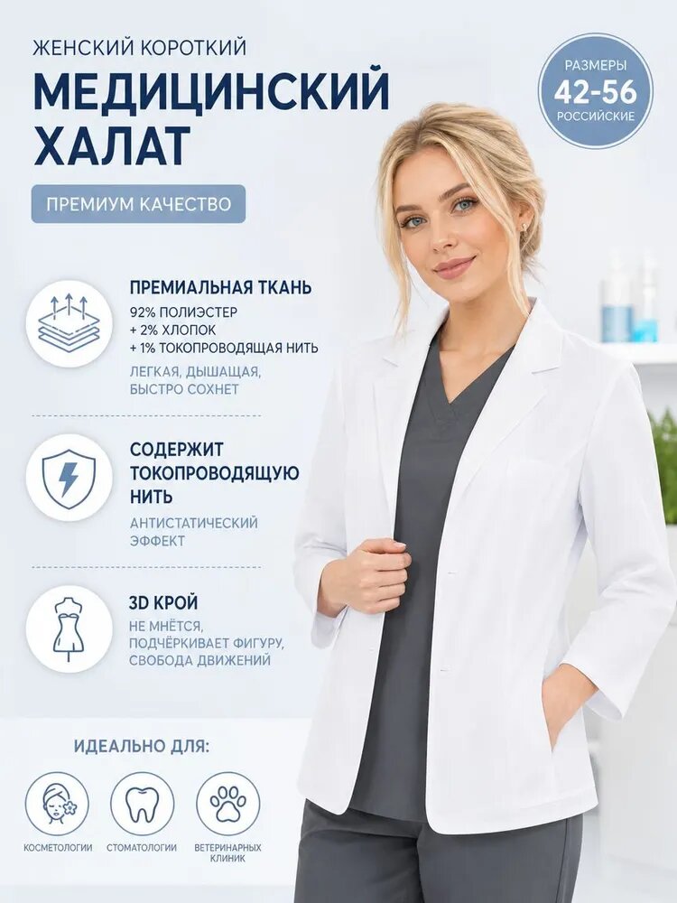 Белая короткая женская медицинская куртка