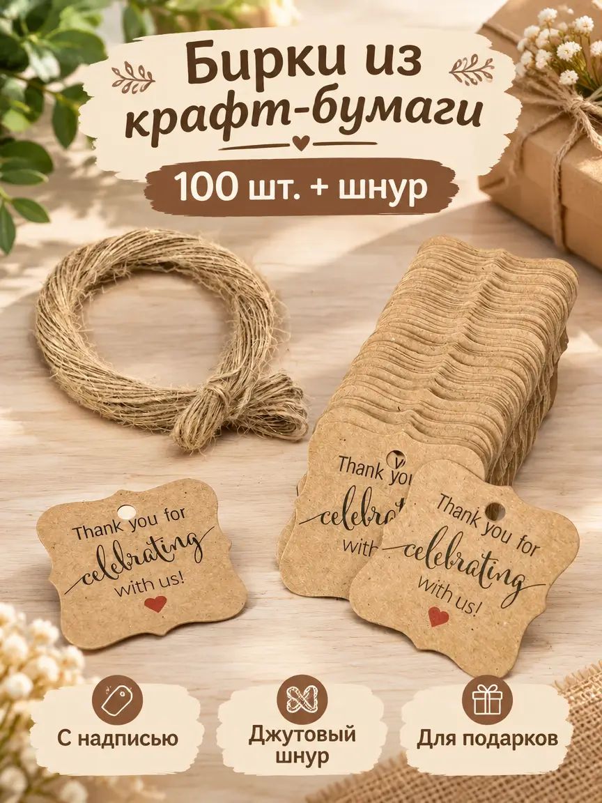 Бирки из крафт бумаги для подарков 100 штук с джутовым шнуром, бирки с надписью Thank you for celebrating with us