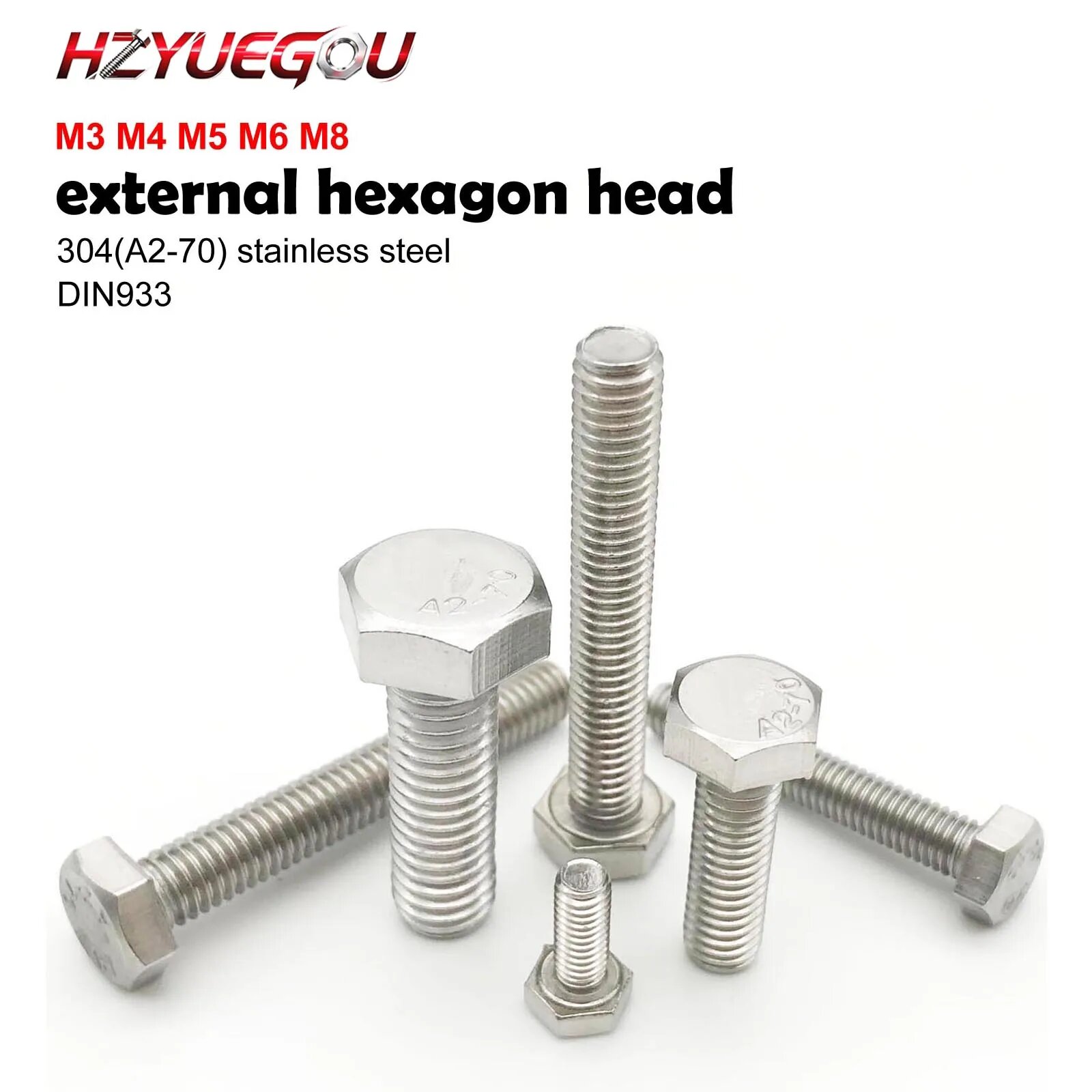 Болты HZYUEGOU DIN933 из нержавеющей стали 304 М3-М16 60mm, 10pcs M4