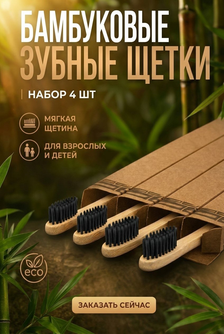 Бамбуковая зубная щетка набор 4 штуки