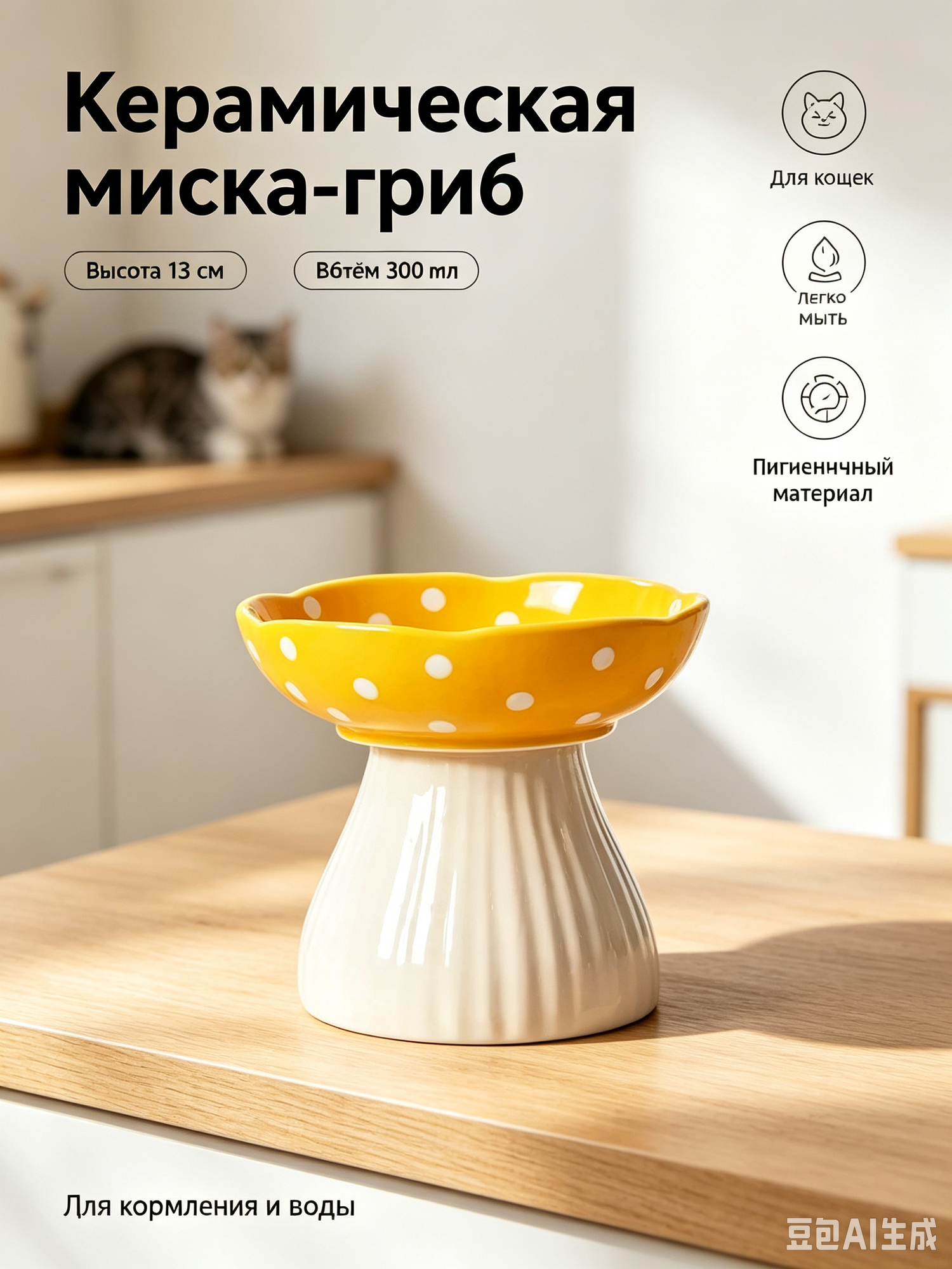 Миска для кошек керамическая в виде гриба, на подставке, 15×15×13 см, жёлтая