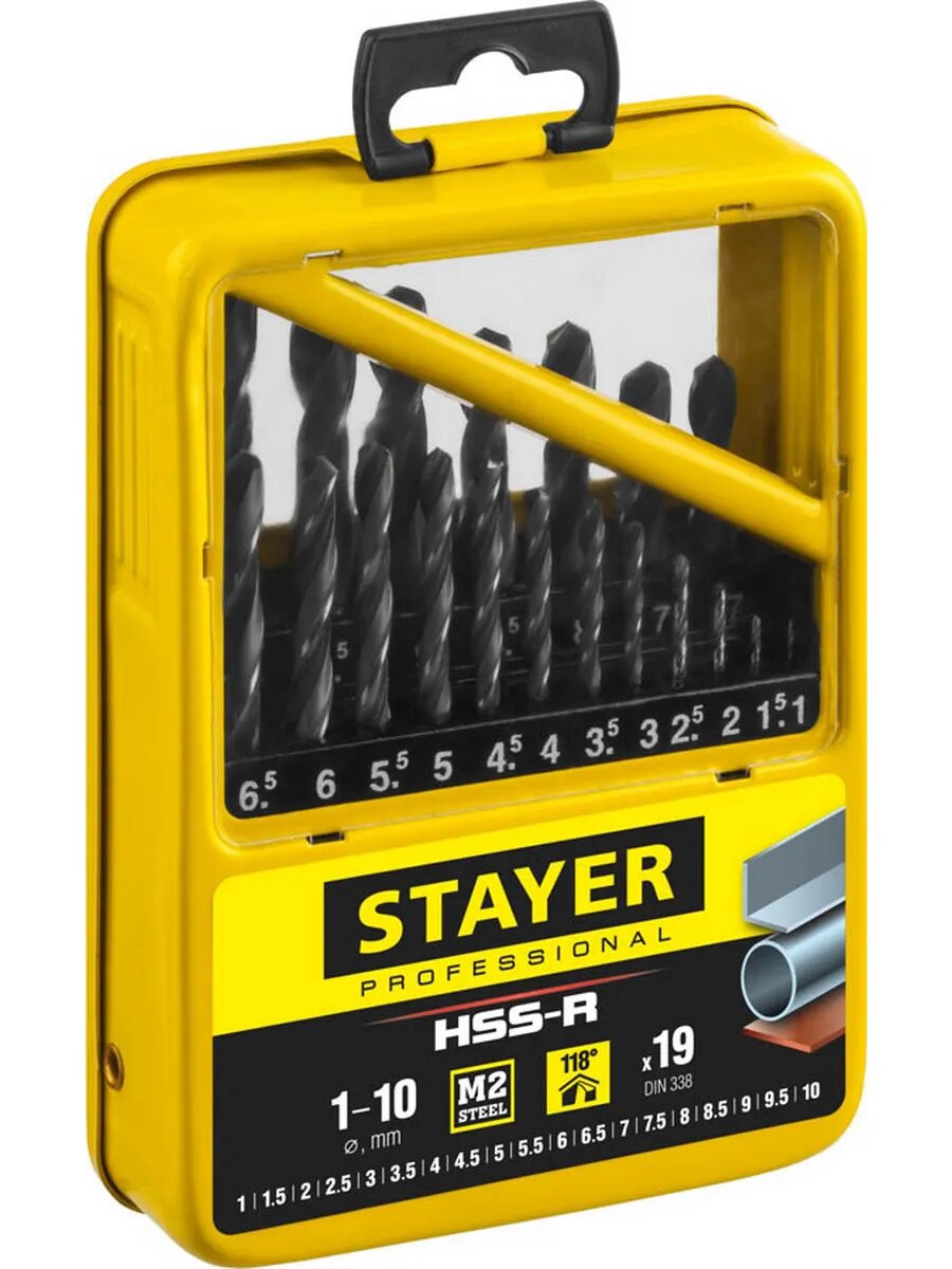 Набор сверл Stayer 29602-H19-Mz01 PROFI, 19шт, спиральные, быстрорежущая сталь, от 1 до 10 мм, кейс