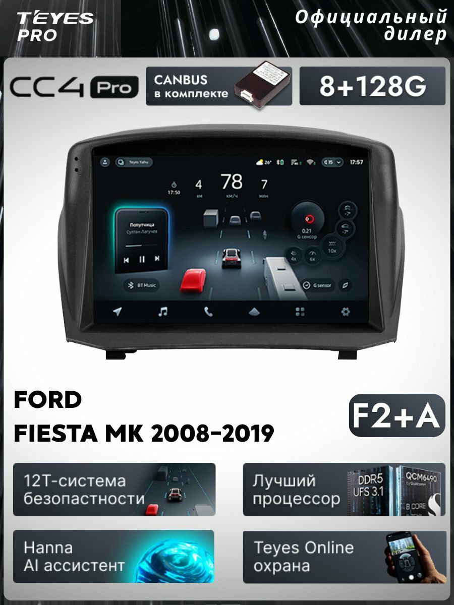 Магнитола Ford Fiesta Mk 6 2008-2019 (Комплектация F2) (Комплектация A) Teyes CC4 Pro 8/128GB, штатная магнитола, 8-ми