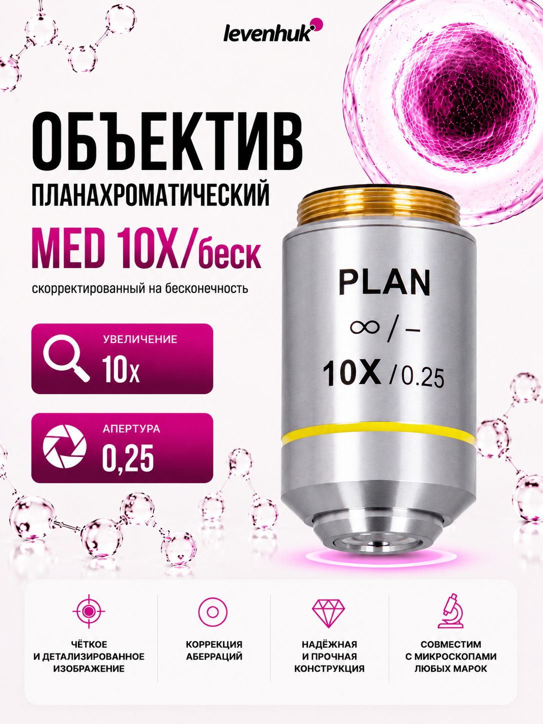 Объектив планахроматический Levenhuk MED 10x/беск
