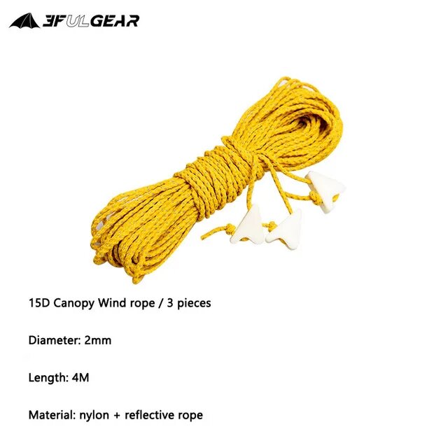 3F UL GEAR Многофункциональная светоотражающая веревка для палатки 20 м Желтый, 15D rope 3 pieces