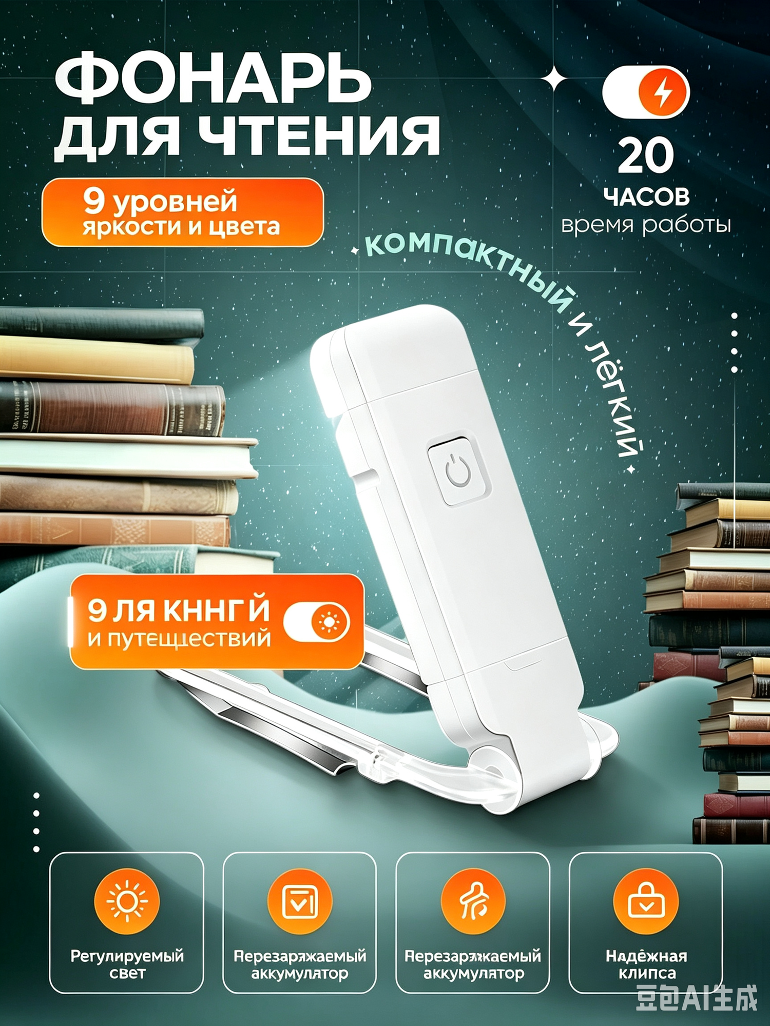 Книжная лампа для чтения с клипсой, перезаряжаемый фонарик 9 уровней яркости