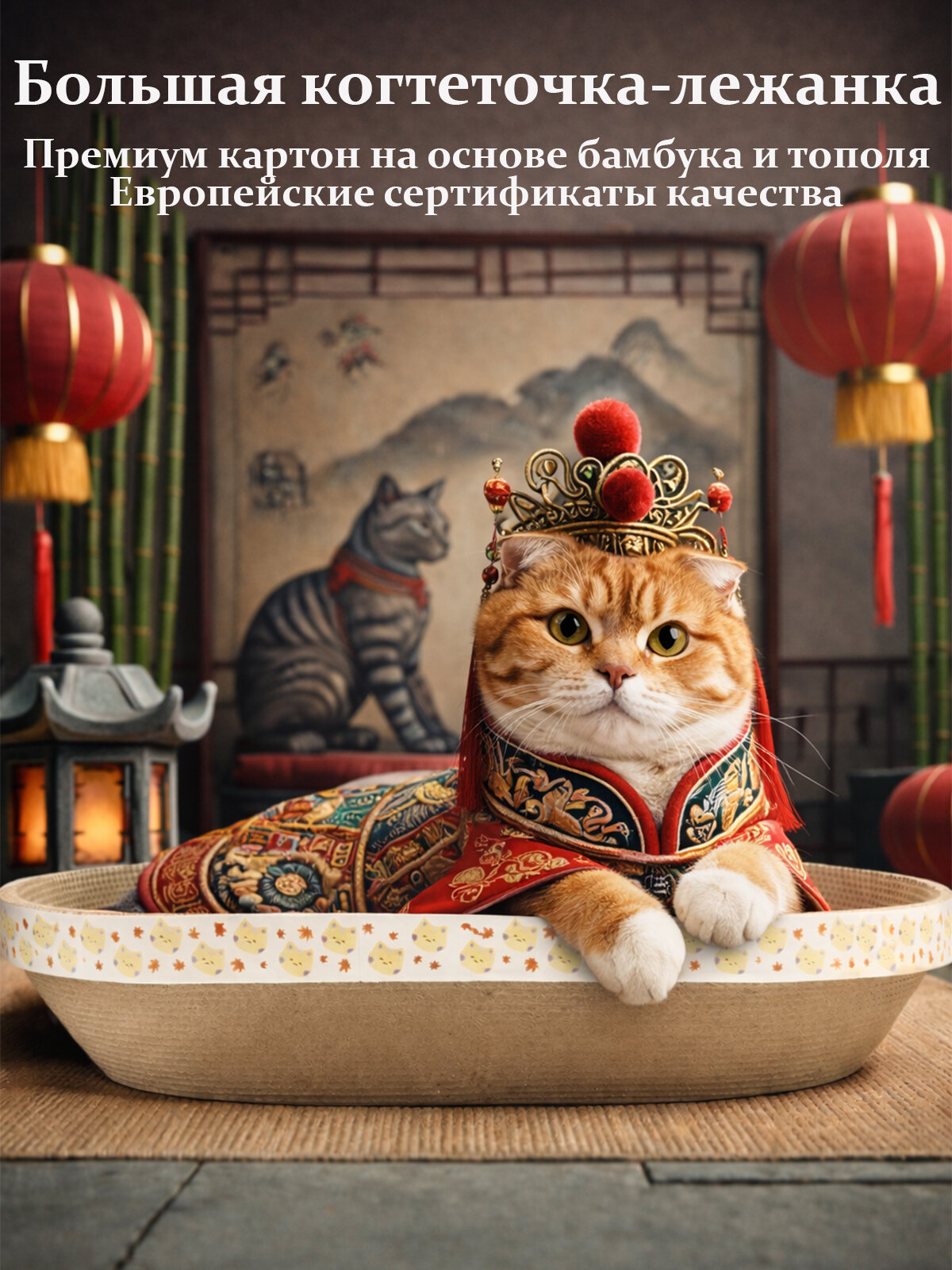 Большая когтеточка для кошек овальной формы 55х40 см из картона на основе бамбука AOWANG NEST SCRATCH BOARD.