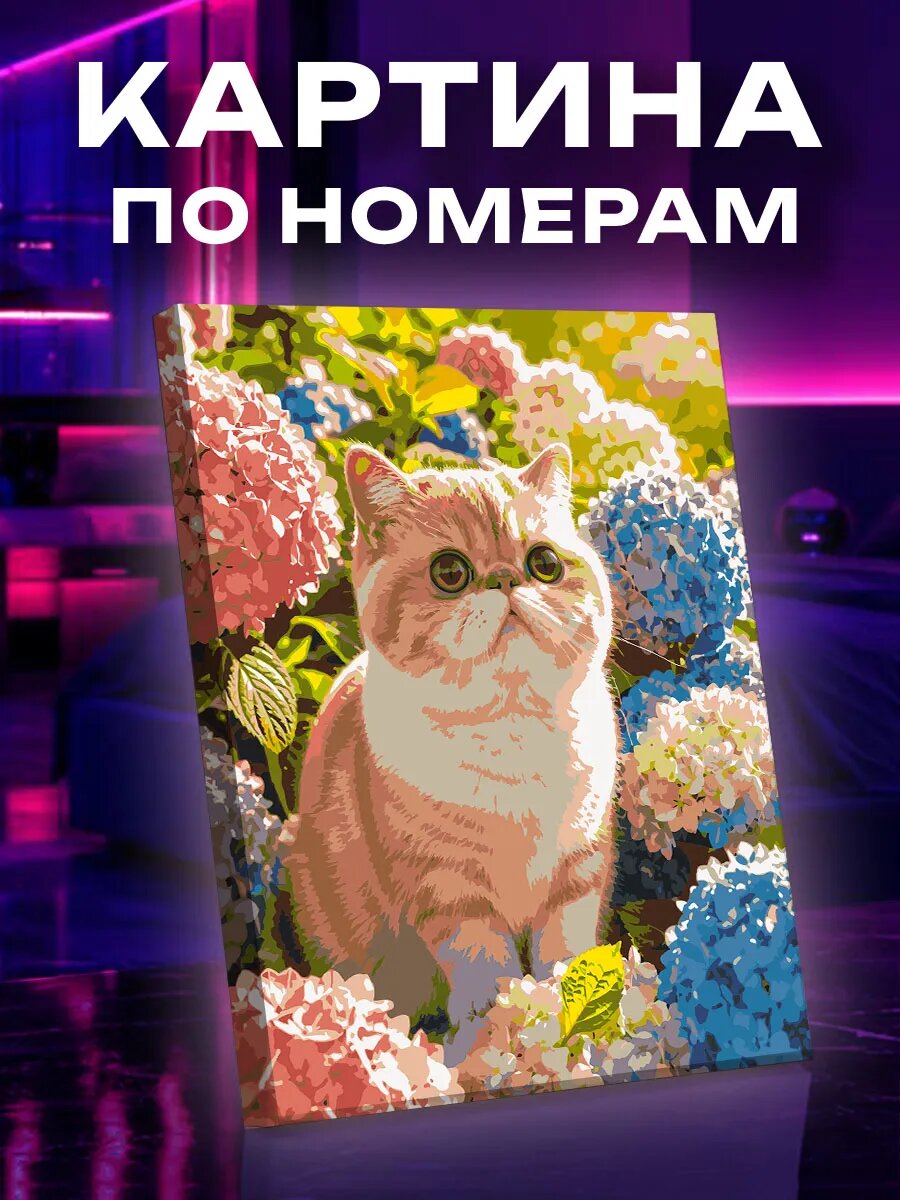 Картина по номерам Экзотическая кошка в цветущем саду